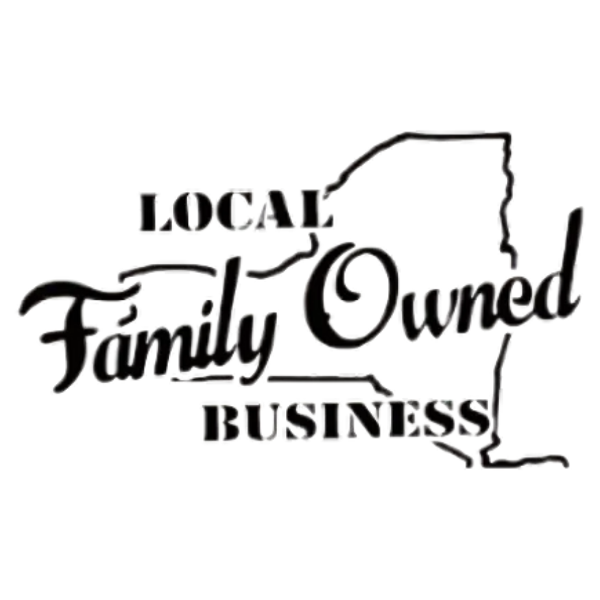 Logo design featuring the words 'Local Family Owned Business' with an outline of New York State integrated into the typography.